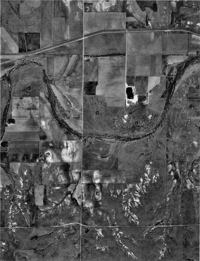 Black and white aerial photo of North Fork Solomon River and sand dunes southeast of Glade.