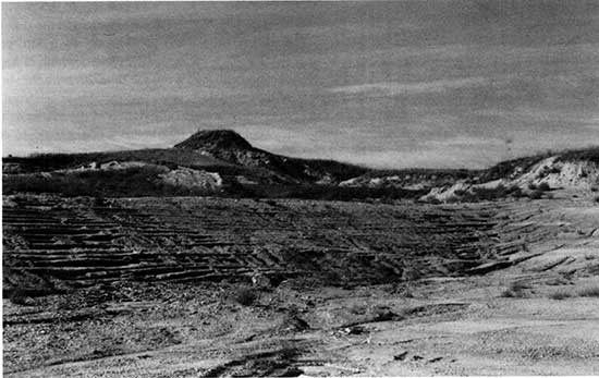 Black and white photo of Smoky Hill Chalk Member of the Niobrara Chalk exposed in quarry.