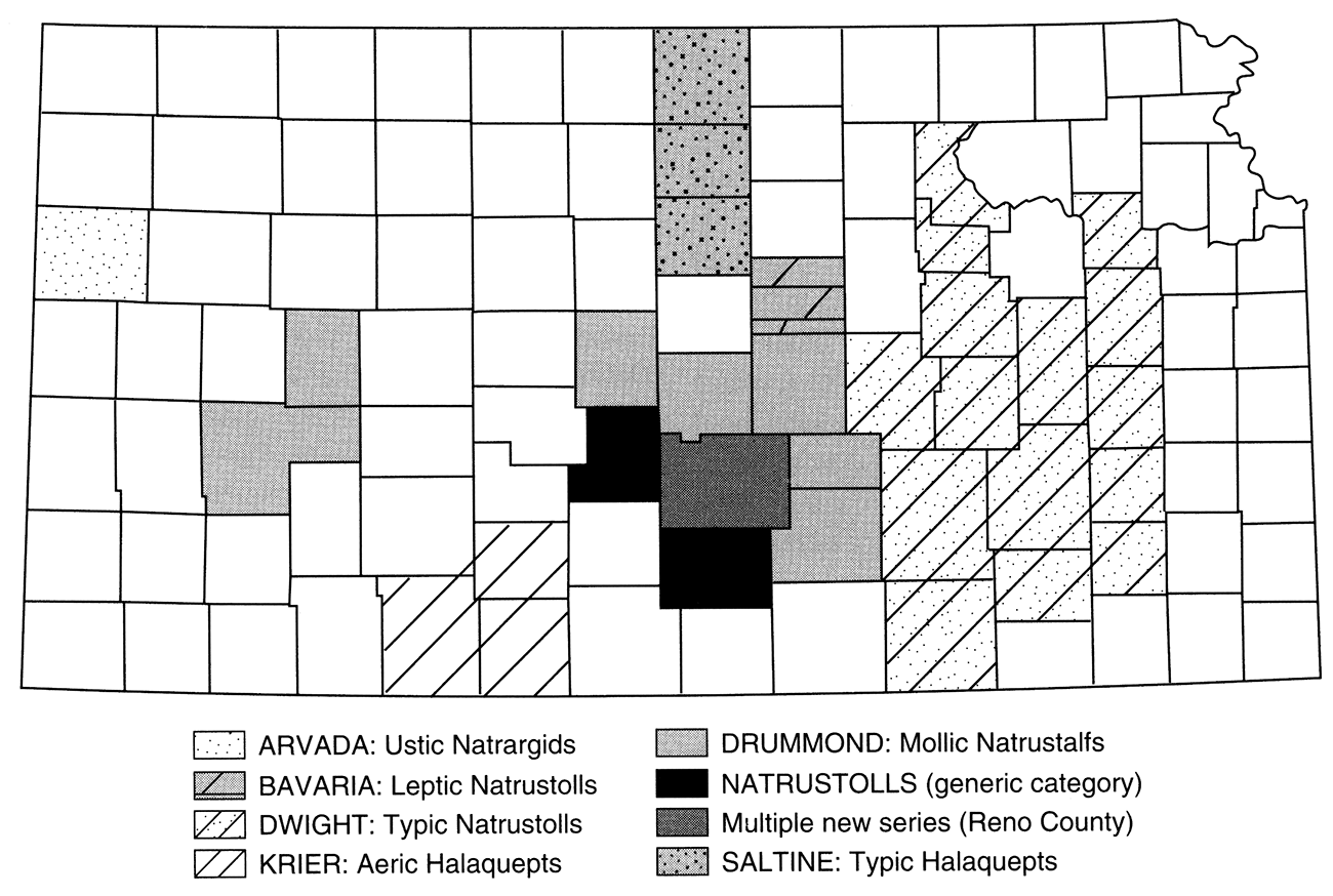 Counties in Kansas labeled for soil series classification.