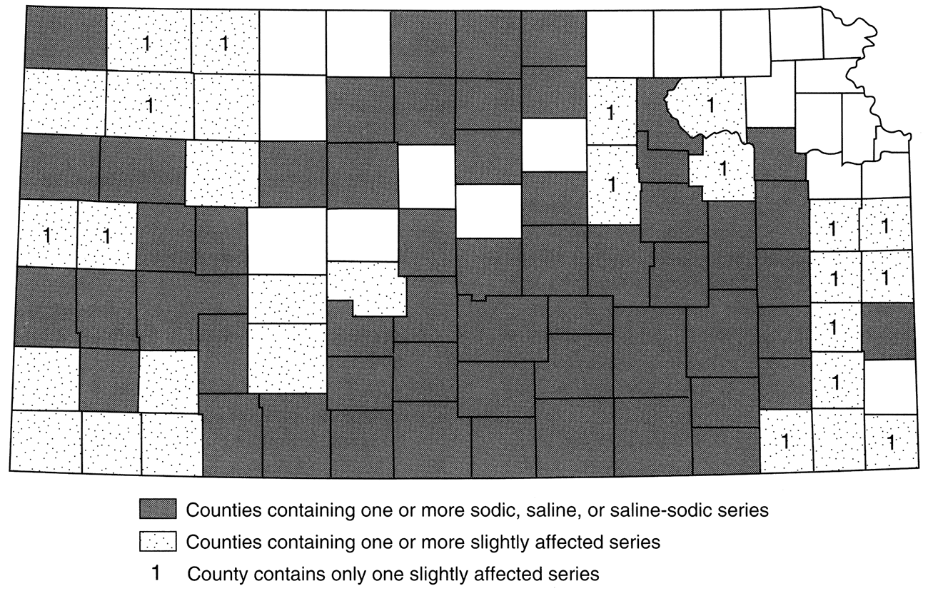 Counties with soil series affected by salinity and/or sodicity.
