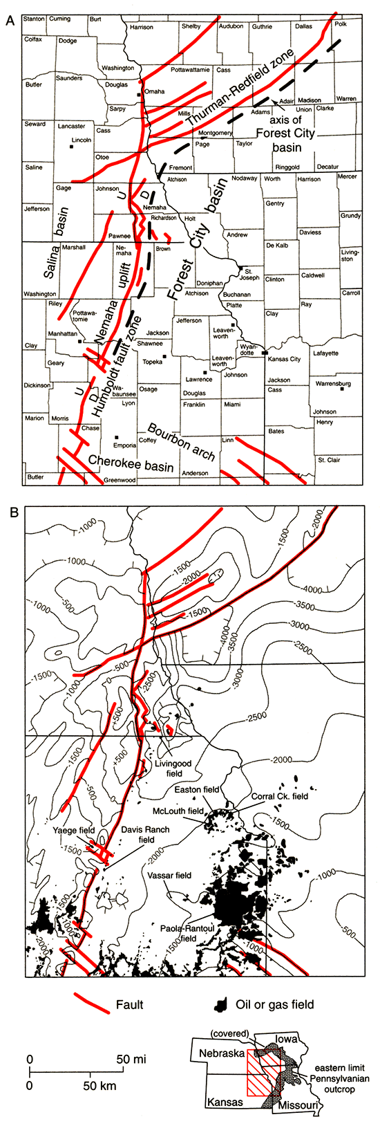 Forest City basin index maps; Forest City basin is in NE Kansas and NW Missouri, stretching into parts of Nebraska and Iowa.