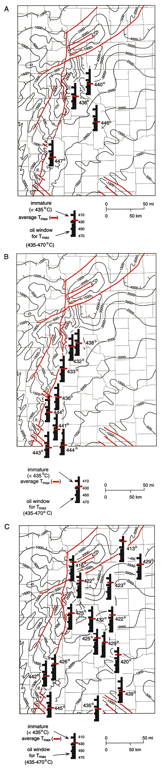 Maps of the Forest City basin area showing the mean Rock-Eval Tmax for organic matter.