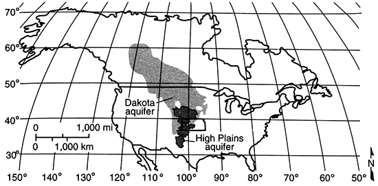 Dakota aquifer system and equivalents stretch from Kansas up toward the Arctic Circle; High Plains aquifer stretches from Texas into Nebraska.