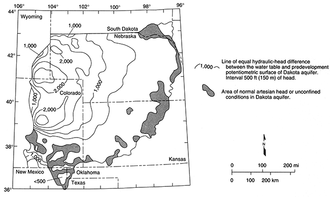 Hydraulic head difference for Dakota in eastern Colorado, western Kansas, and Nebraska.
