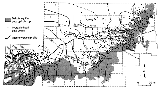 Elevation in feet above mean sea level of the predevelopment potentiometric surface of the Dakota aquifer in southeastern Colorado and western Kansas.