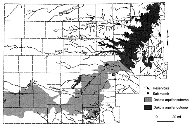Location of salt marshes in central Kansas along with location of Dakota outcrop and subcrop.