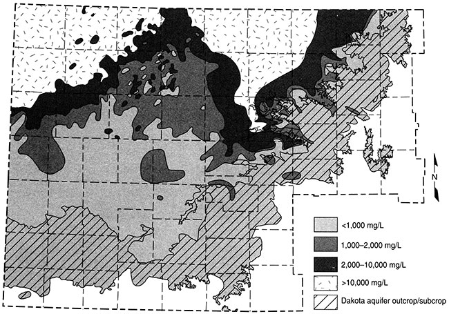 Distribution of total dissolved solids (TDS) concentrations in ground waters in the upper Dakota aquifer.