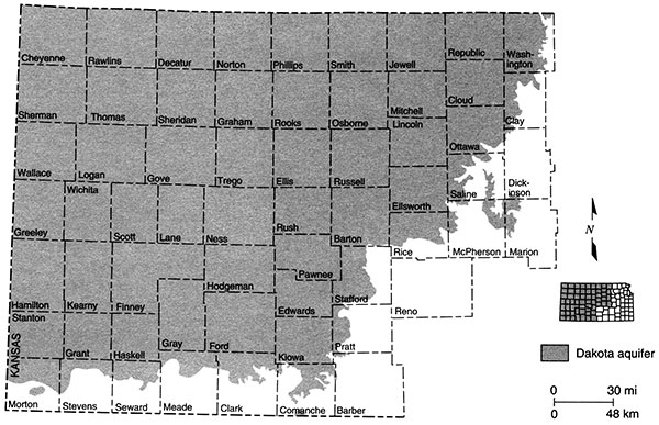 Dakota aquifer in Kansas present in much of western Kansas, as far east as Washington County in north; Rice, Saline, in central; reaches into the southern tier of countes as well.