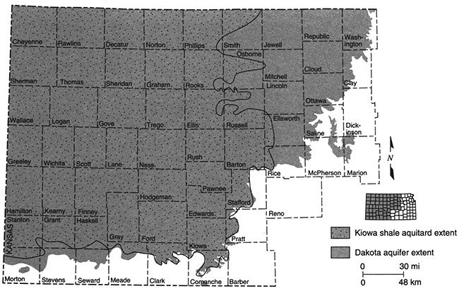Shale aquitard present in most areas where Dakota aquifer is present, except for far southern edge and sem of the eastern countes (Smith to Rice and east).
