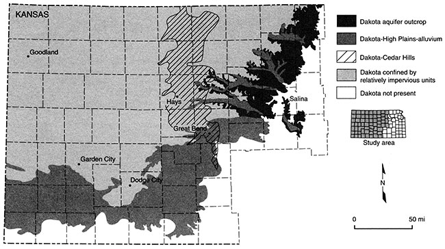 Map of western Kansas showing Dakota outcrop and connections to High Plains or Cedar Hills aquifers.