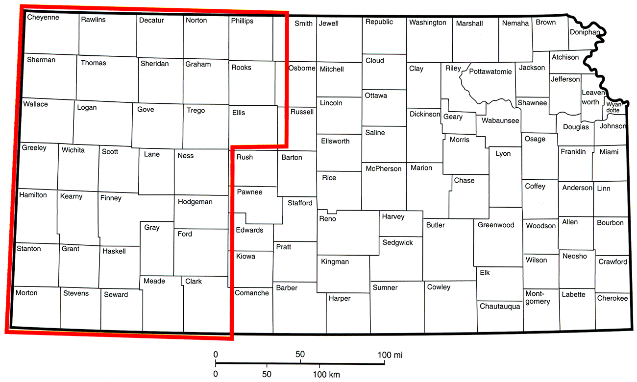 Extent of the study area in western Kansas and adjacent parts of Oklahoma, Nebraska, and Colorado.