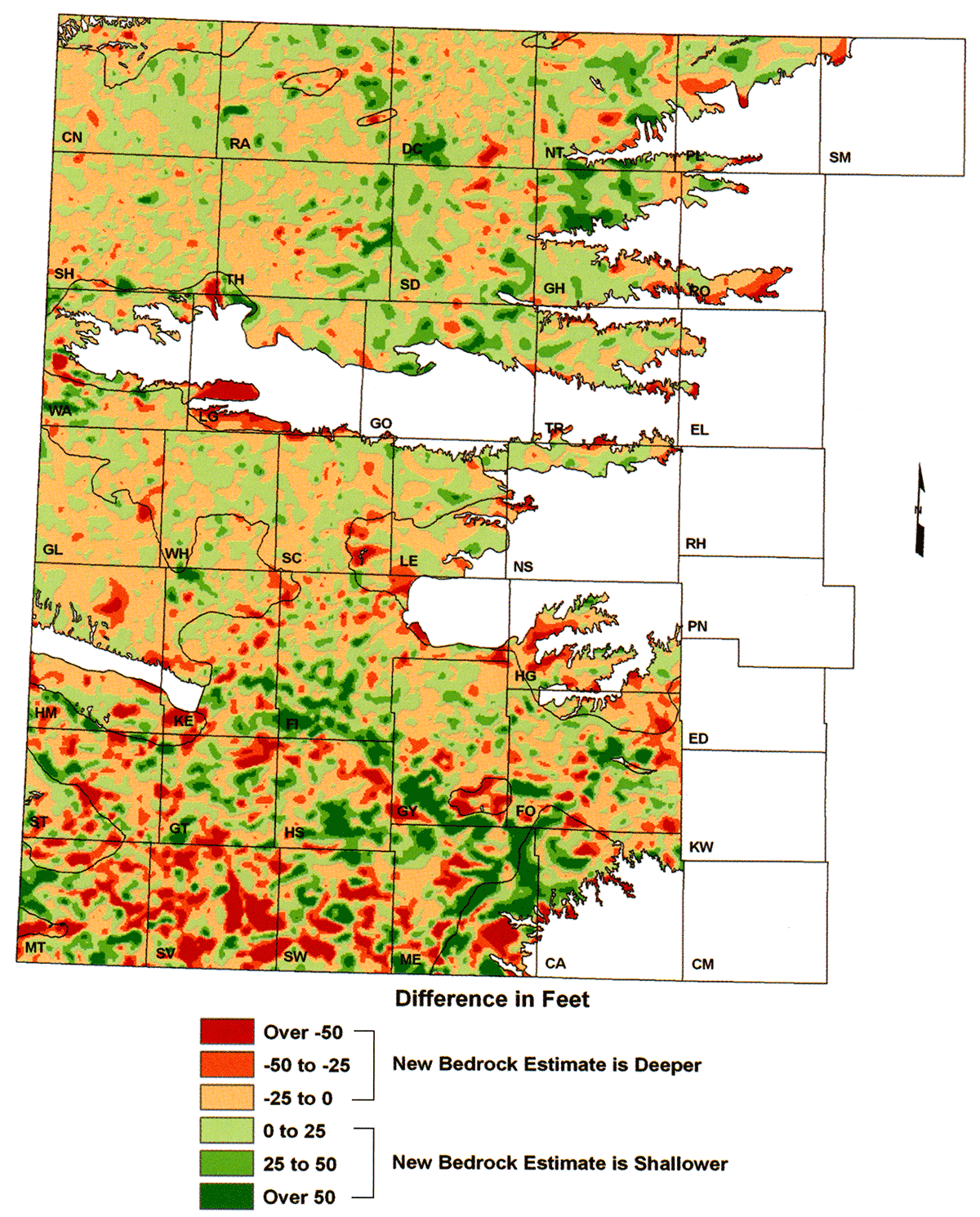 Spatial distribution of elevation differences across the Ogallala region between the 1995 USGS and updated elevation of the bedrock surface beneath the Ogallala aquifer maps.