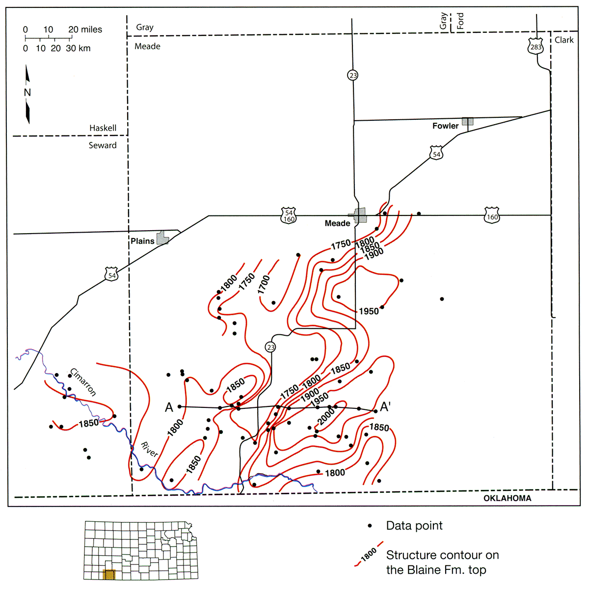 Elevation of the top of the Permian Blaine Formation in a part of southern Meade County in the vicinity of Crooked Creek and the Cimarron River.