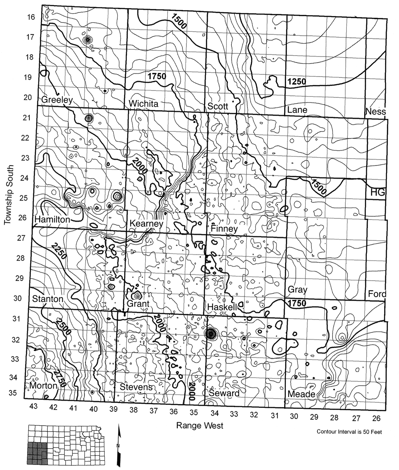 Elevation of the top of the Blaine Formation in the vicinity of the mapped trace Bear Creek fault on the 1995 USGS map of the elevation of the bedrock surface beneath the Ogallala aquifer in Hamilton, Stanton, Kearny, and Grant counties in southwest Kansas.