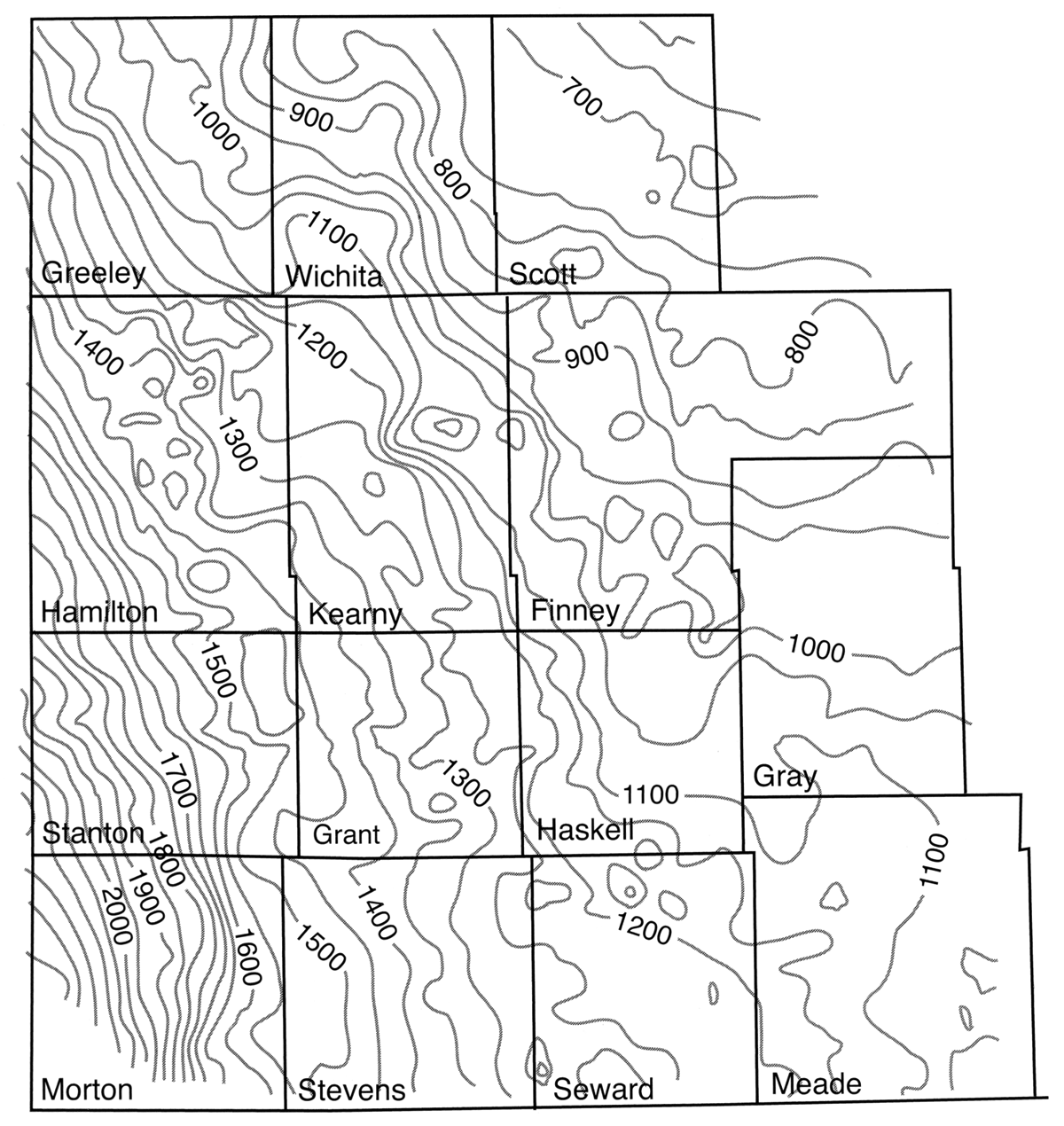 Elevation of the top of the Stone Corral Formation in the vicinity of the Hugoton gas field in southwest Kansas.