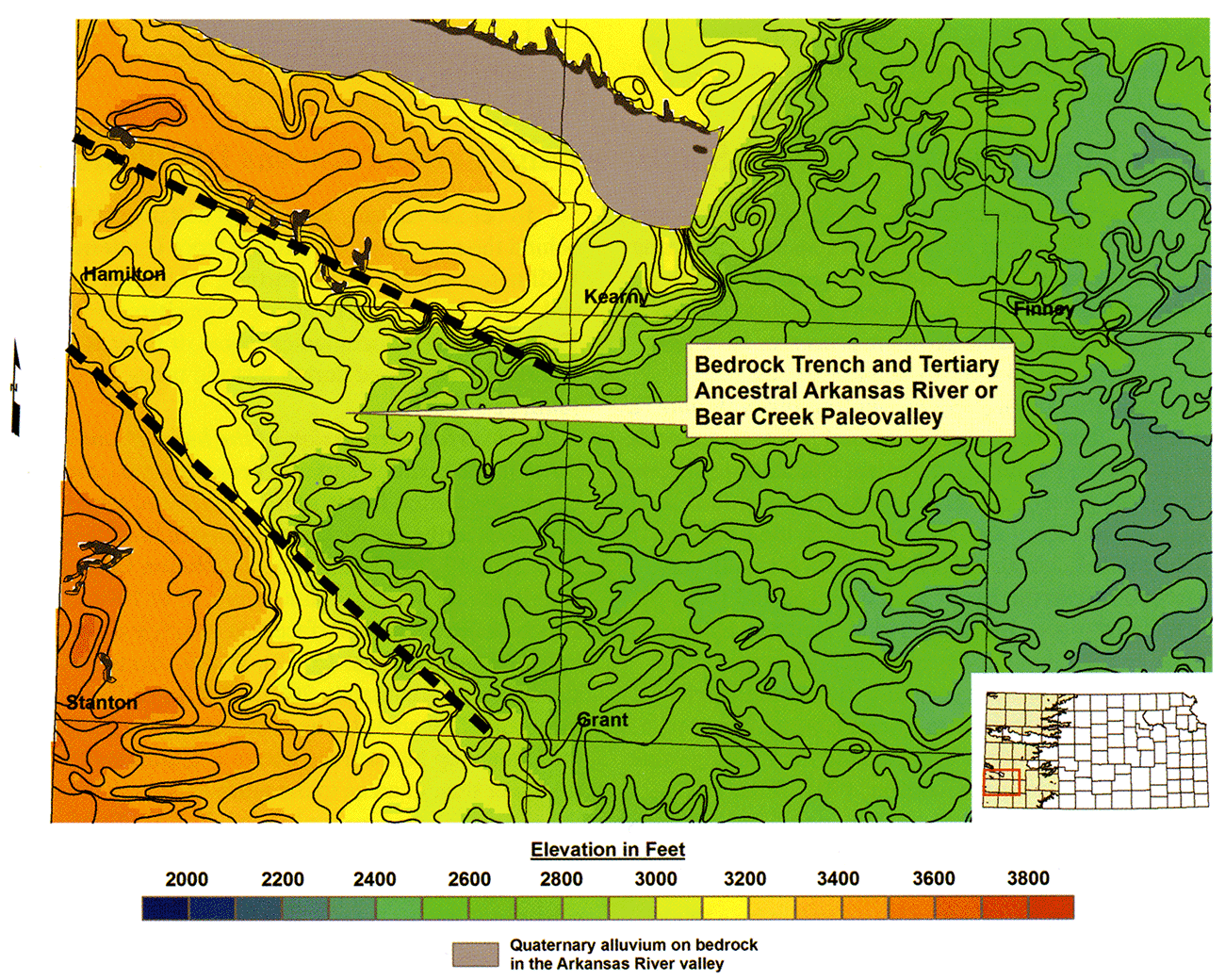 Revised elevation of the bedrock-surface map beneath the Ogallala aquifer in portions of Hamilton, Kearny, Grant, Morton, and Stevens and all of Stanton counties in southwest Kansas.