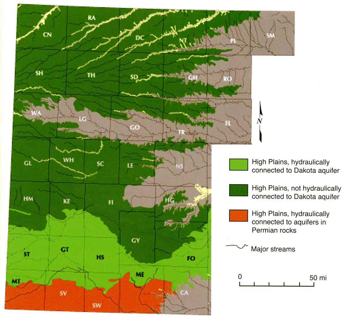 Bedrock units underlying and Holocene alluvial deposits overlying the Ogallala Formation in western Kansas.