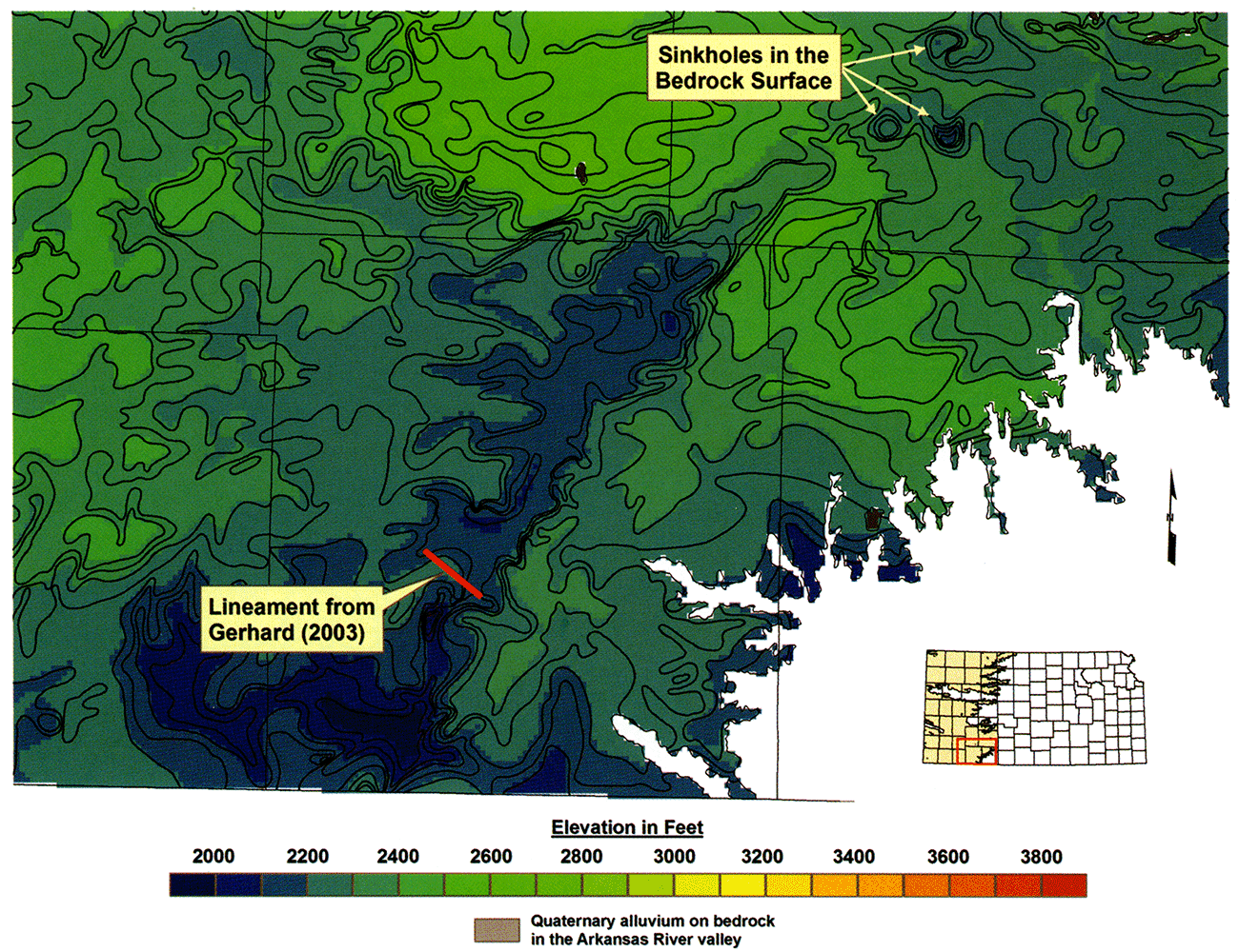 Revised elevation of the bedrock-surface map beneath the Ogallala aquifer in eastern Seward, eastern Finney, Gray, Ford, Meade, and Clark counties in southwest Kansas.