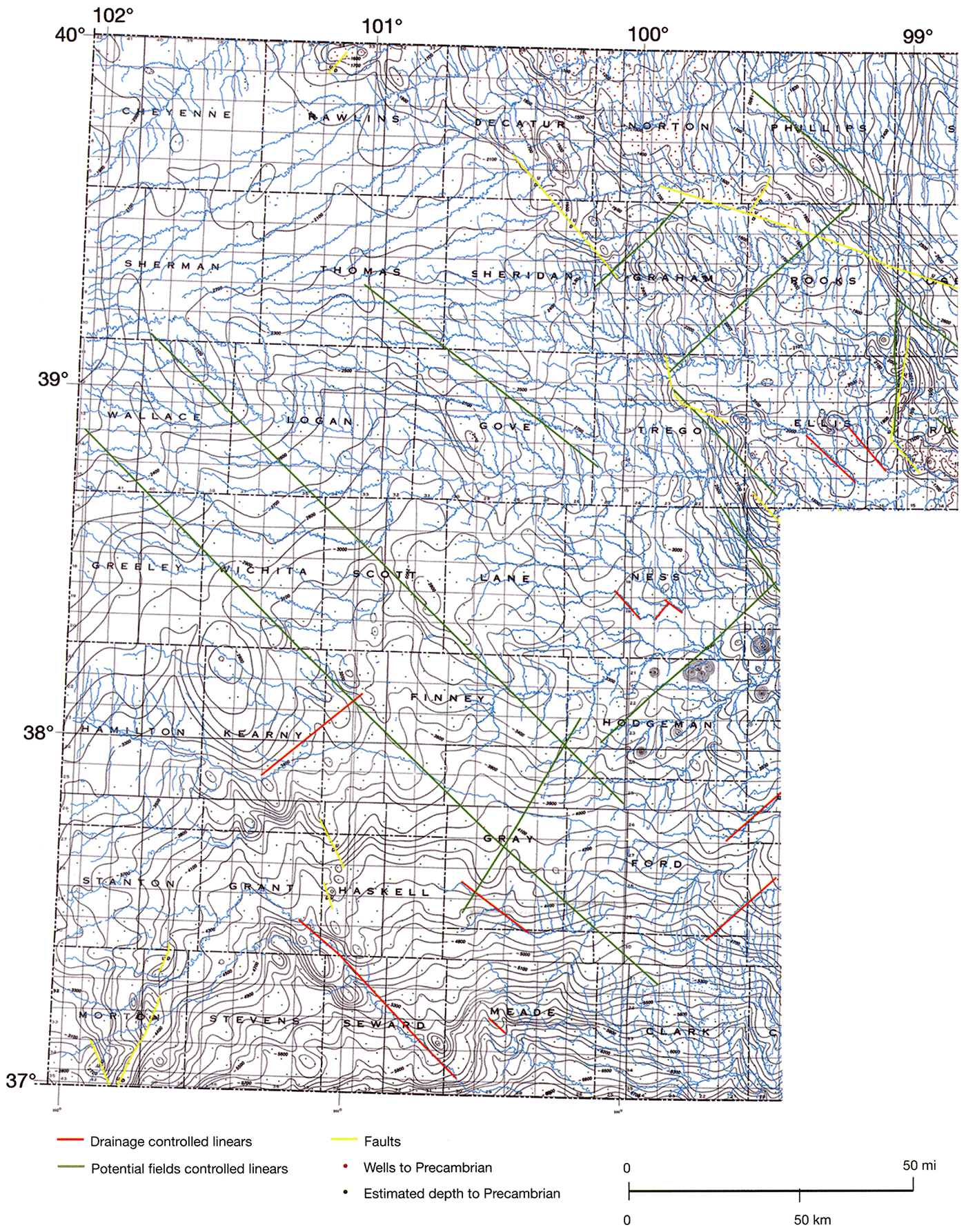 Cole's (1976) map of the elevation of the top of the Precambrian in Kansas.