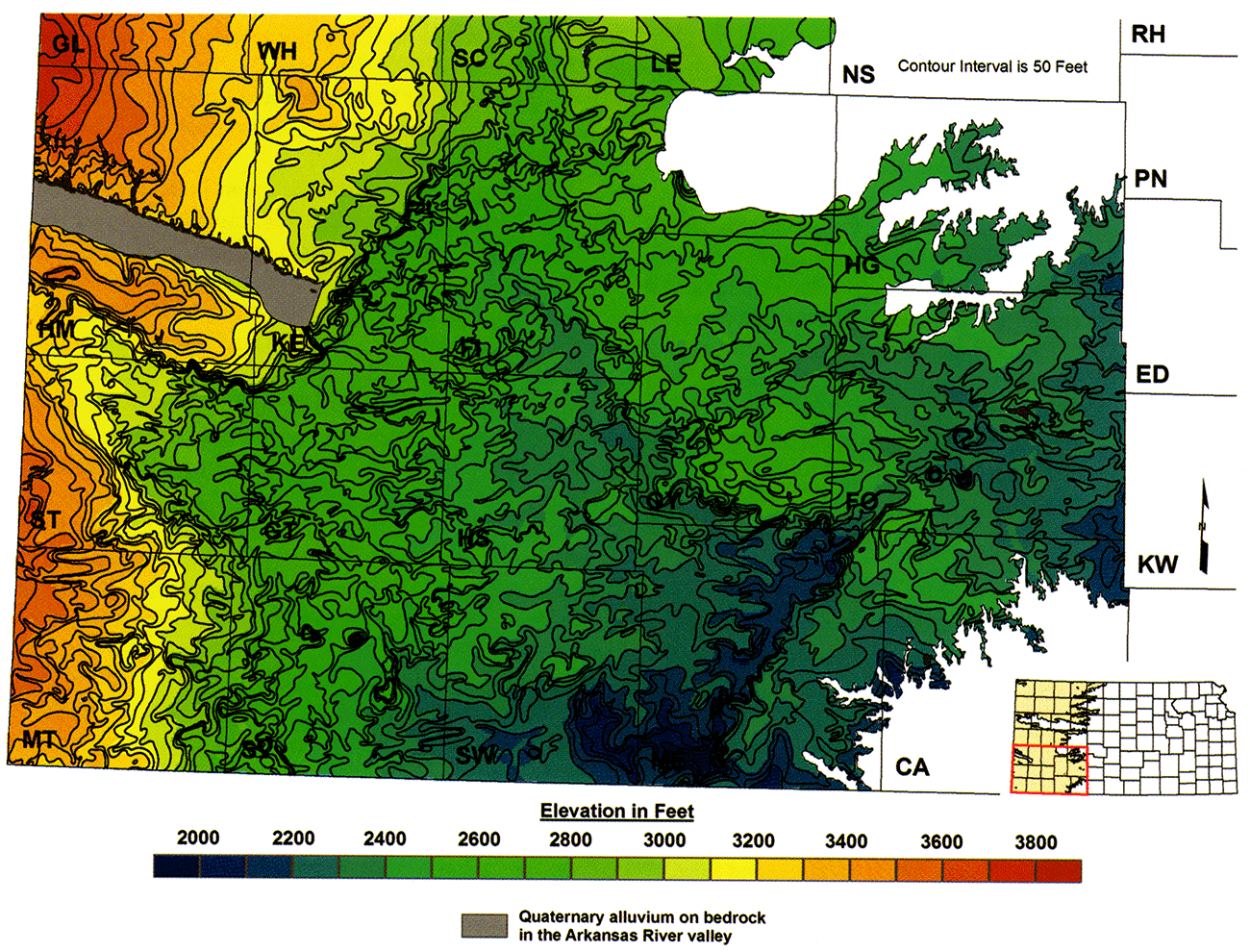 Revised southern half of the elevation of the bedrock-surface map beneath the Ogallala aquifer.