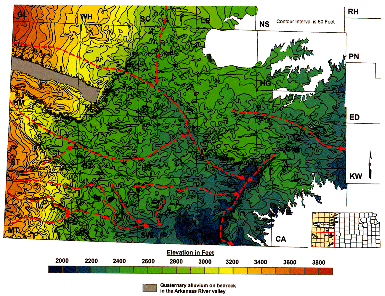 Major paleodrainages incised into underlying Cretaceous through Permian bedrock in southwest Kansas shown as red dashed lines with an arrow superimposed on the elevation of the bedrock-surface map.