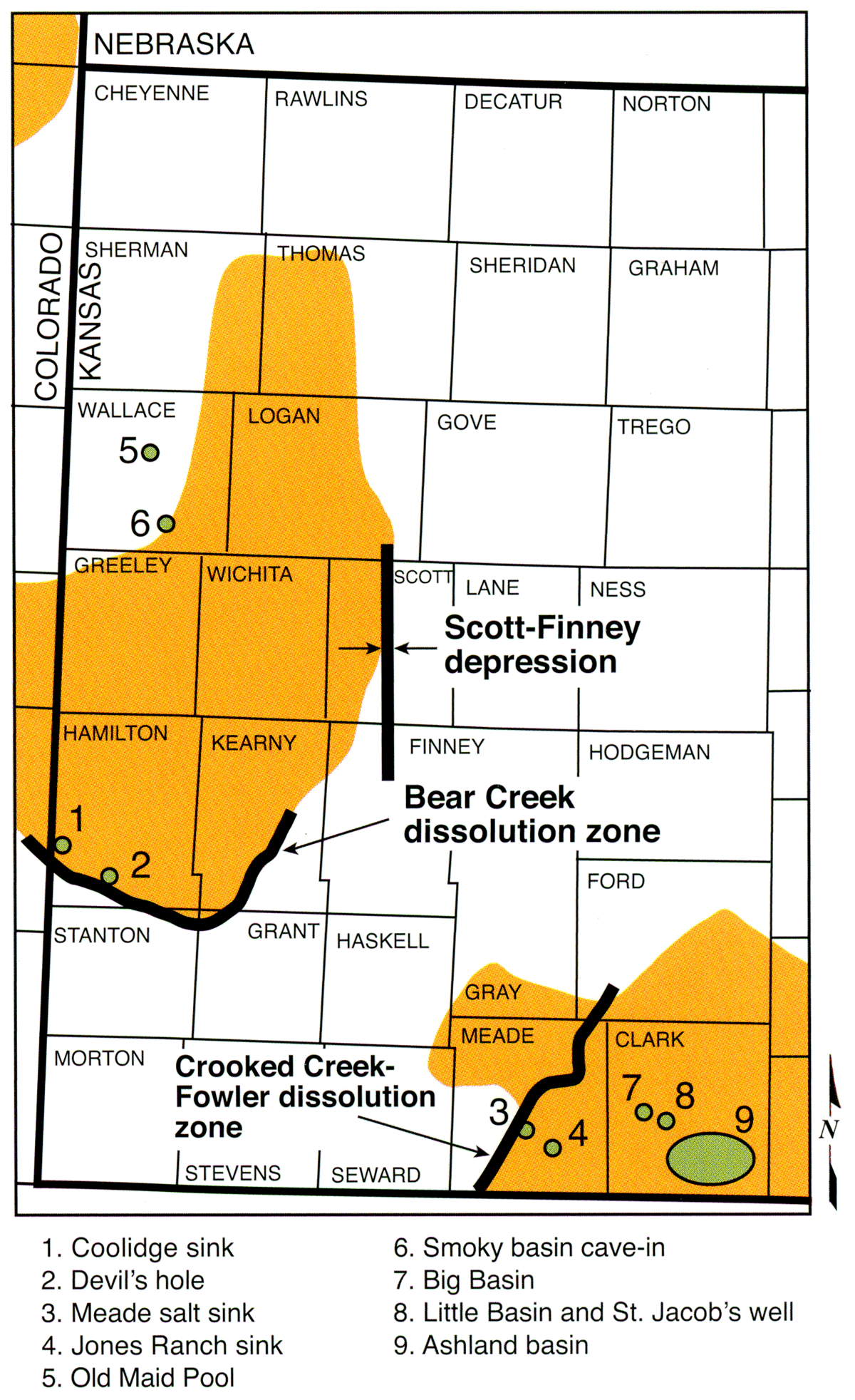 Named geologic structures and karst features that have resulted from the dissolution of evaporites in the Flower-pot Shale.