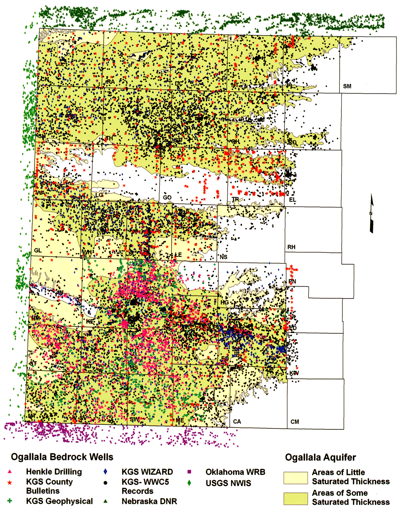 Distribution and type of data used to map the elevation of the bedrock surface beneath the Ogallala aquifer in western Kansas.