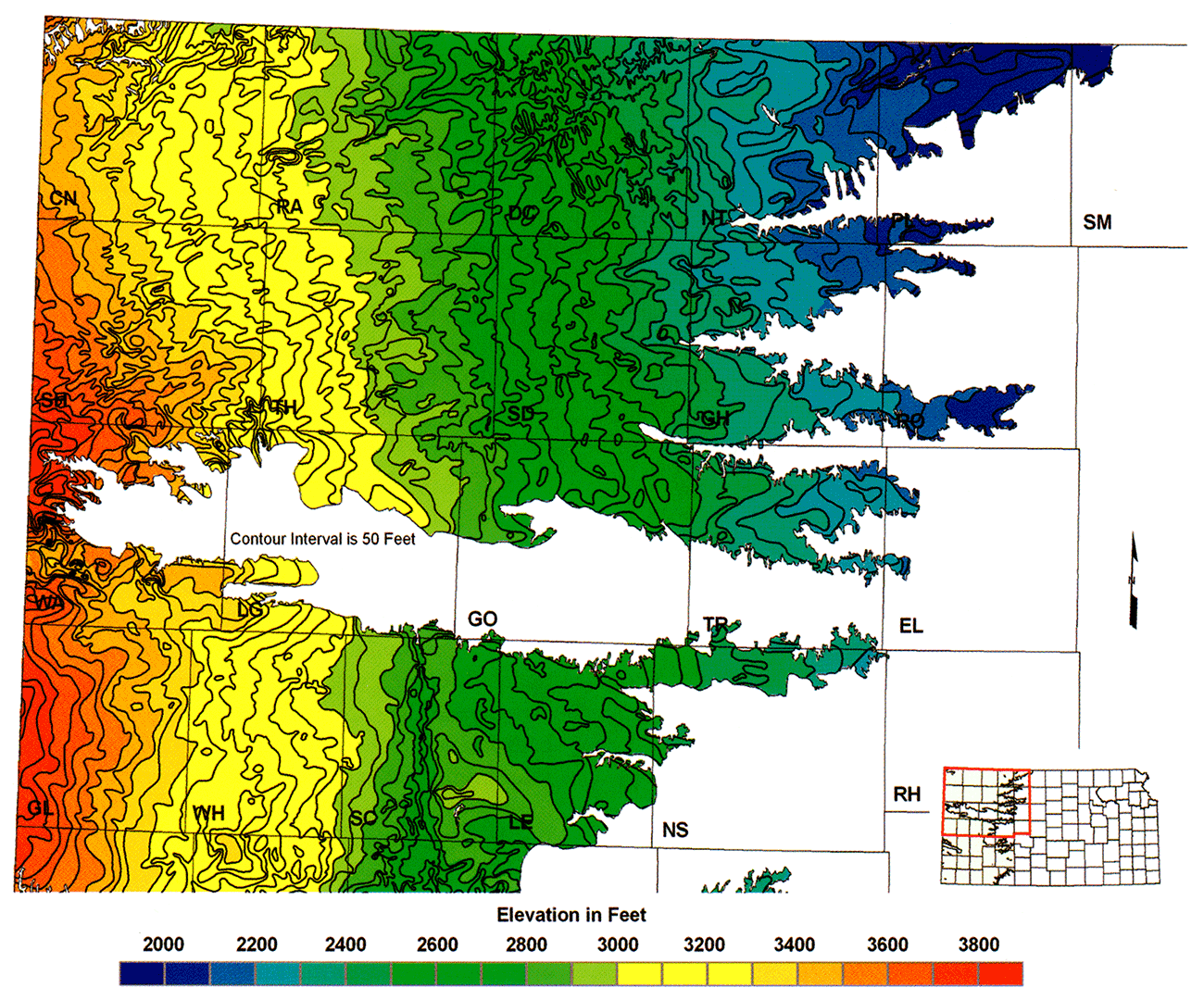 Northern half of the initial elevation of the bedrock surface beneath the Ogallala aquifer map covering northwest and west-central Kansas.
