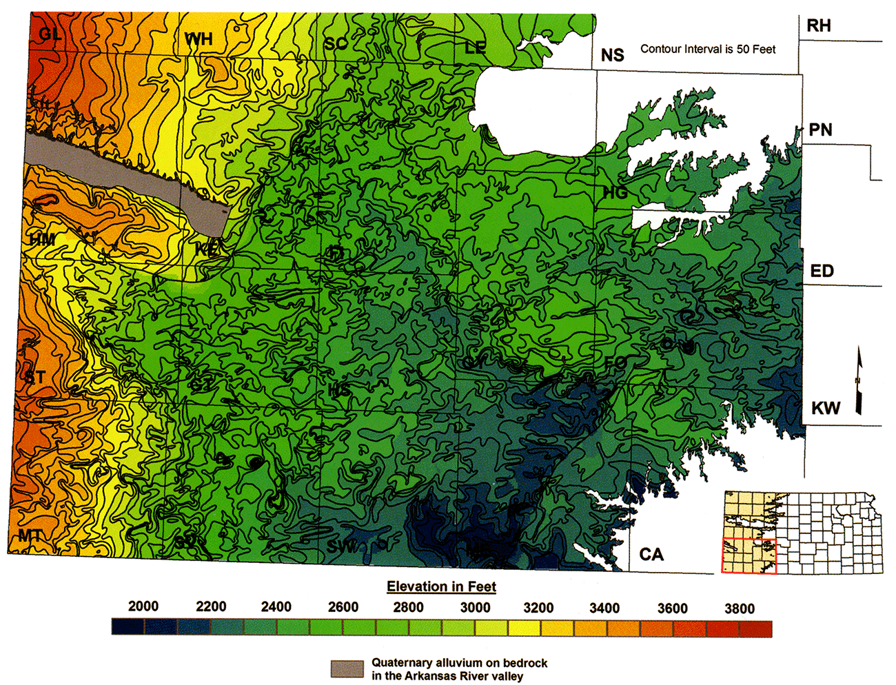 Southern half of the initial elevation of the bedrock surface beneath the Ogallala aquifer map covering southwest Kansas.