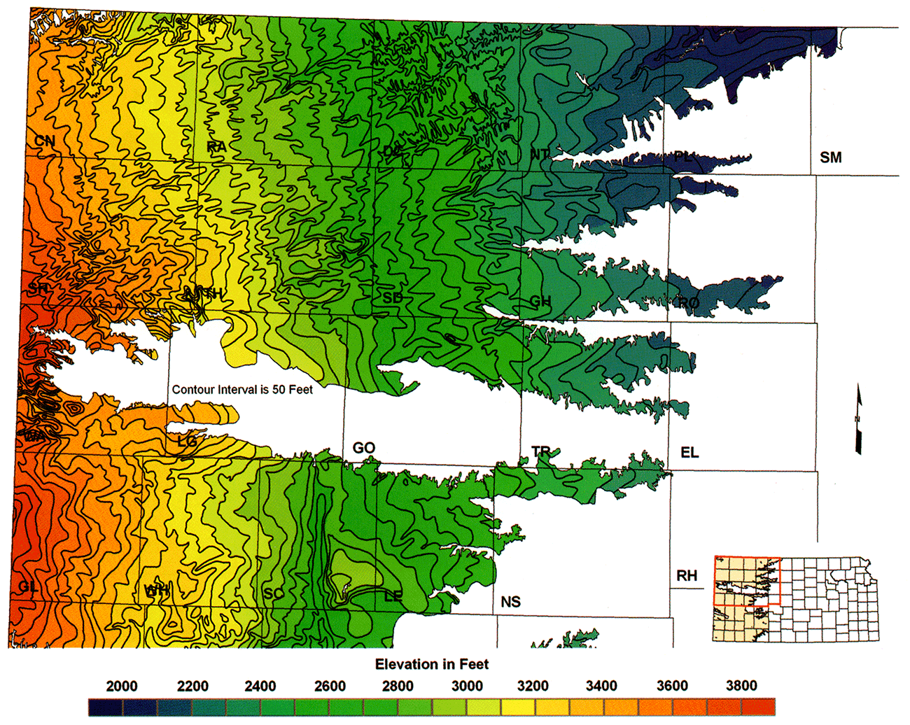 Northern half of the 1995 USGS bedrock-surface-elevation map.