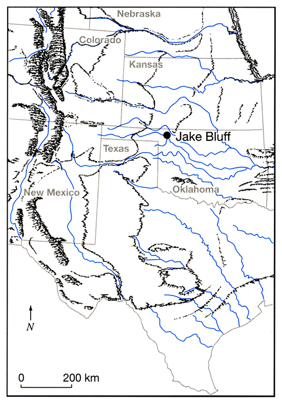 Map of central US from Texas to Nebraska showing location of Jake Bluff site ner where Oklahoma Panhandle narrows.