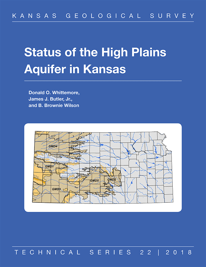 Publication cover; blue with white text; small map of Kansas showing High Plains Aquifer and groundwater management district boundaries.
