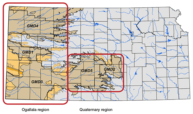 Map of Kansas showing Ogallala and Quaternary regions of High Plains Aquifer and groundwater managtement districts.
