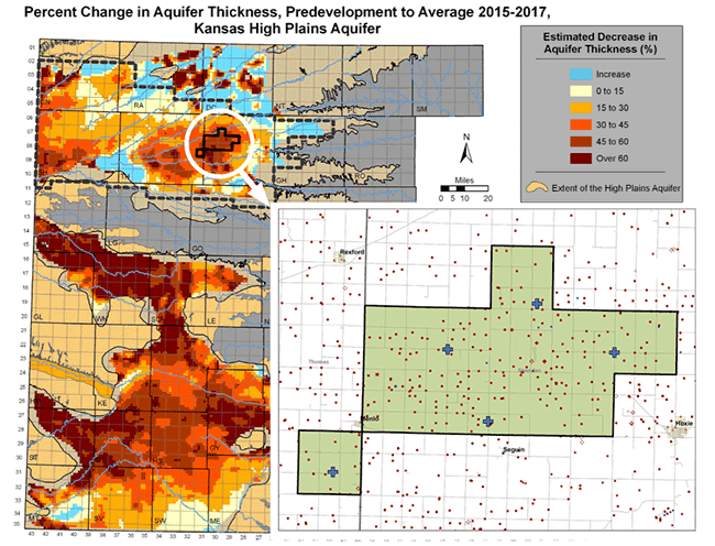 Location of the Sheridan-6 LEMA in GMD4 on a map of the percent change in thickness of the High Plains aquifer from predevelopment to the average for winter conditions for 2015-2017.