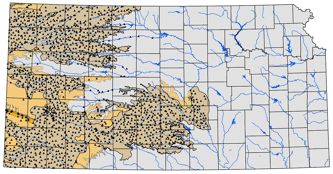 Map of Kansas showing location of wells measured each winter.