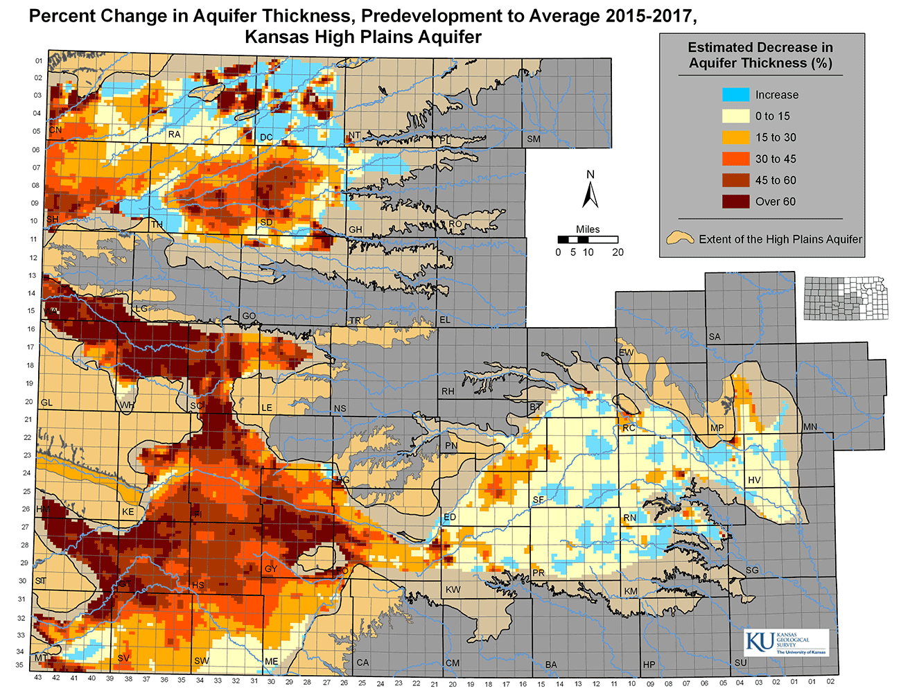 Percent change in aquifer thickness in the High Plains aquifer from predevelopment to the average for winter conditions for 2015-2017.