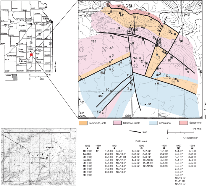 Geologic map and location of wells in Wilson and Woodson counties, SE Kansas, around Silver City and Rose domes.