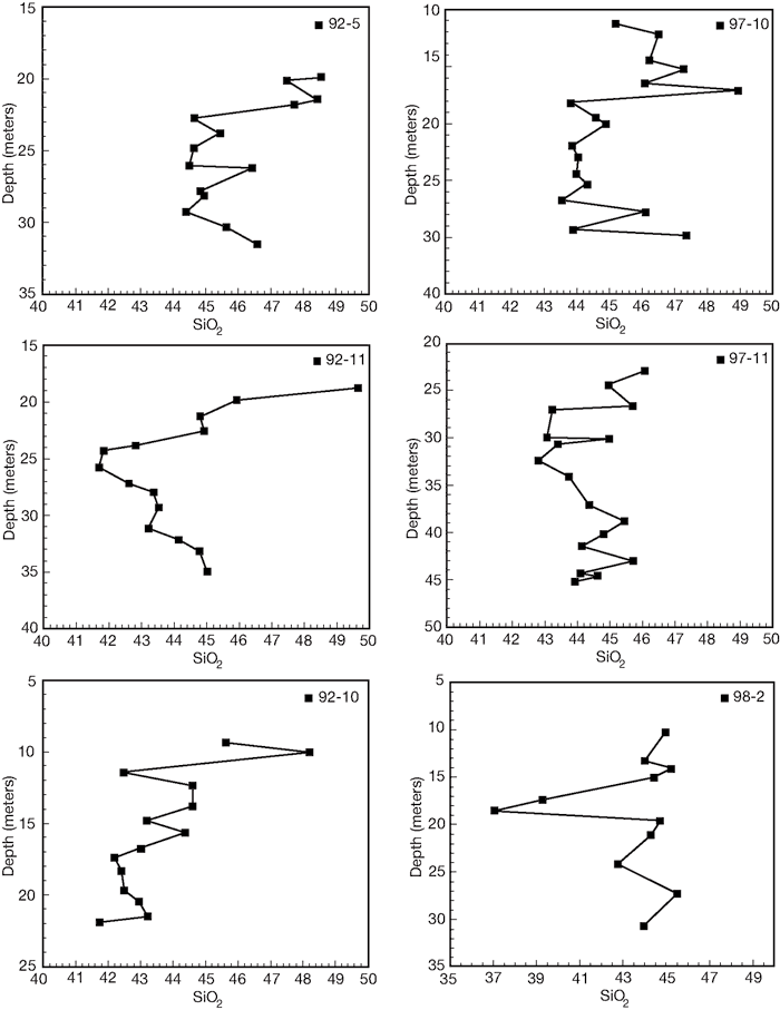 Charts for six wells showing depth and SiO2 concentration.