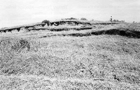 Black and white photo of slumping of the Blue Hill Shale Member of the Carlile Shale caused by heavy rains.