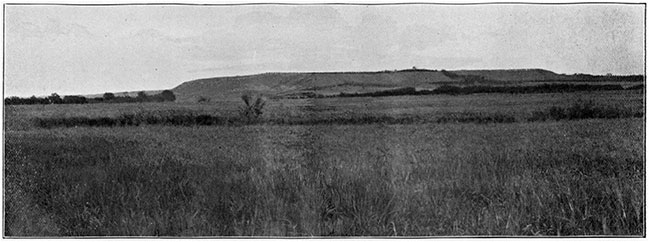 Black and white photo of the bluffs west of Pleasanton.