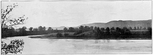 Black and white photo of a scene along the north bank of the Kansas river, about six miles west of Manhattan.