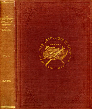 Cover of the book; red-brown cloth with gold imprinting of seal on cover and title on binding.