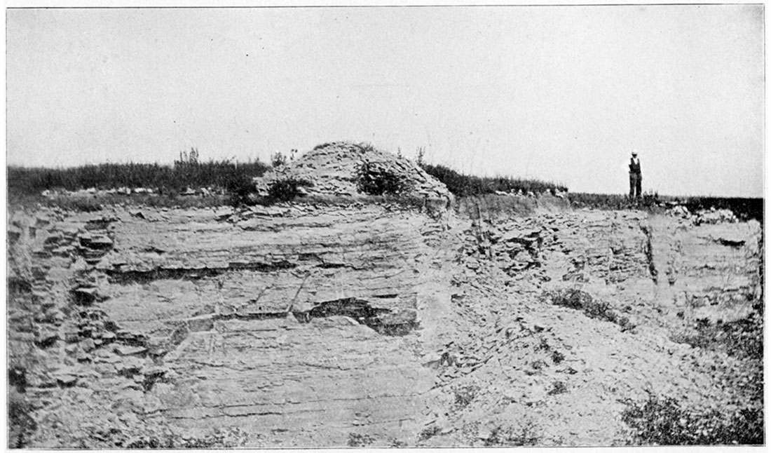 Black and white photo: Quarry in Niobrara Chert, one mile northeast of Norton.