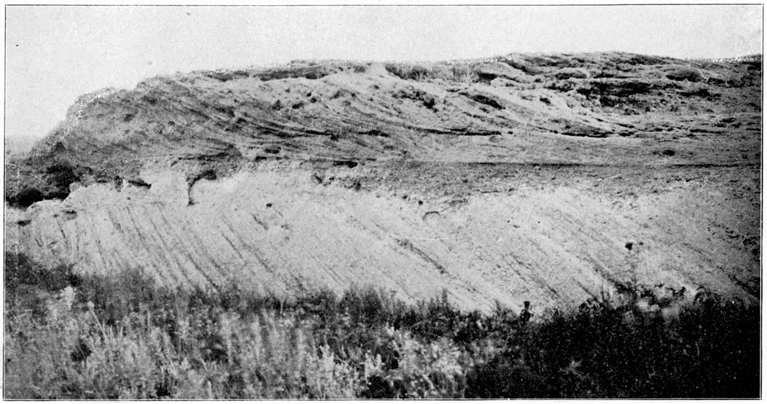 Black and white photo: Cross-bedding in Tertiary Sandstone, the Mortar Beds, north bank of Arkansas River, eleven miles west of Dodge City.
