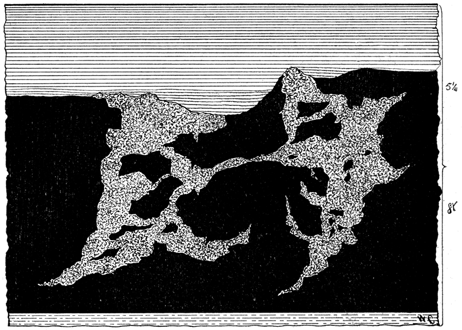 Horseback, showing fragments of coal scattered through fire clay, as seen in mine north of Pittsburg.