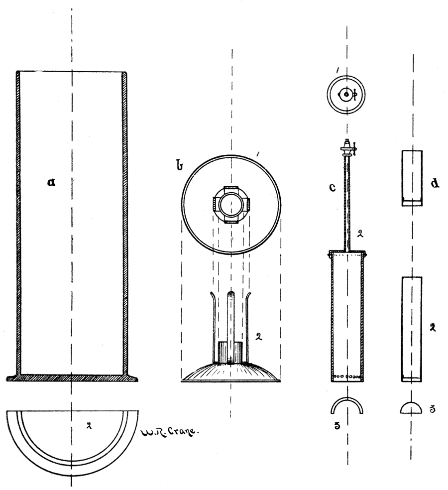 Vertical sections and horizontal plans of containing jar, foot, valved cap, and cartridges of Thompson's calorimeter.
