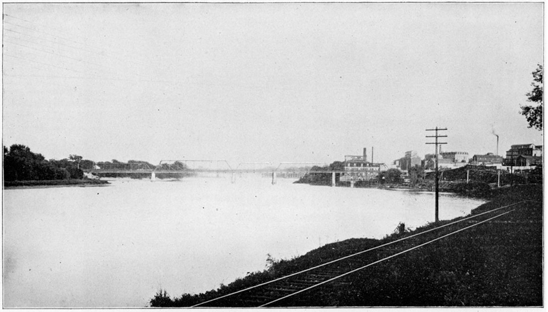 Black and white photo of Kansas River scene, Lawrence.