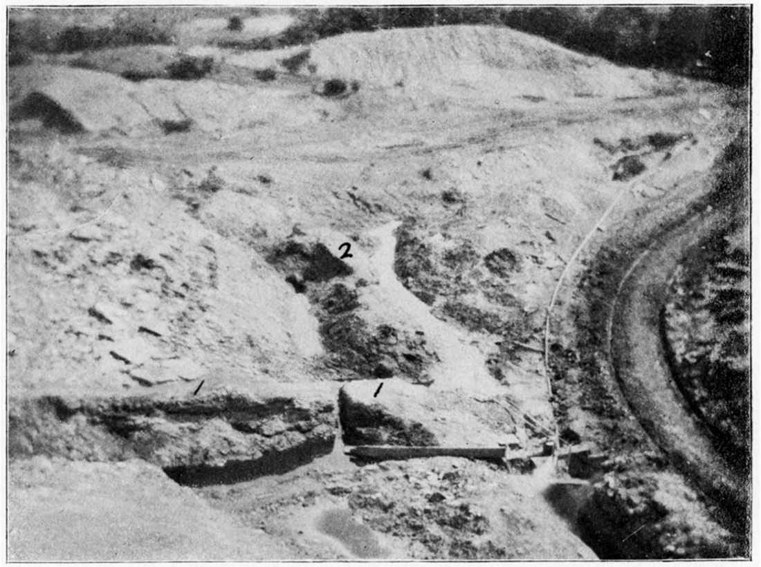 Black and white photo of intersection of Horsebacks 1 and 2, as seen in Nesch Brick Yards, Pittsburg.