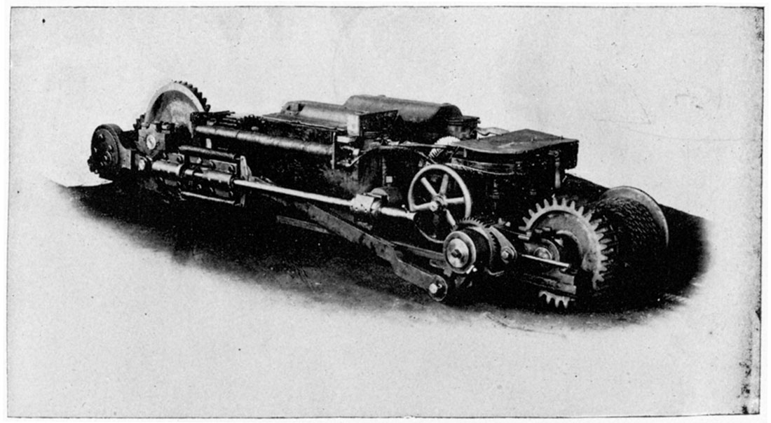 The Carr electric coal mining machine, front view, showing winding reel for cable.