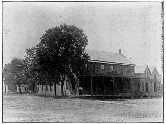 Black and white photo of Central Hotel and Bath-house, Geuda Springs.